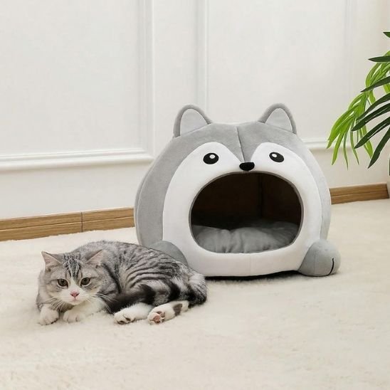 niche à chat grotte husky gris avec chat allongé à côté