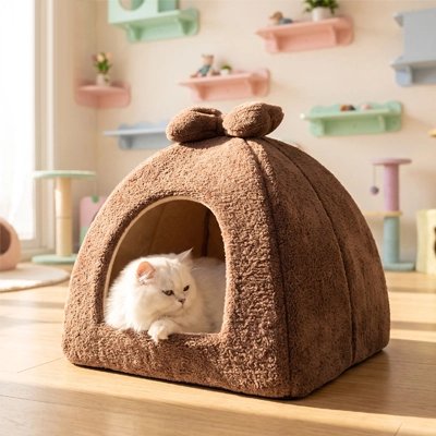 niche à chat marron triangle arrondi chat calme