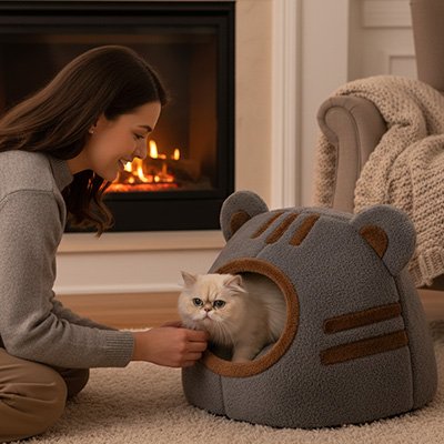 niche à chat tête d'ours gris humain chat 