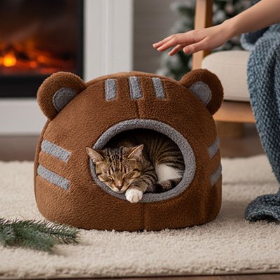  niche à chat tête d'ours marron avec chat endormi