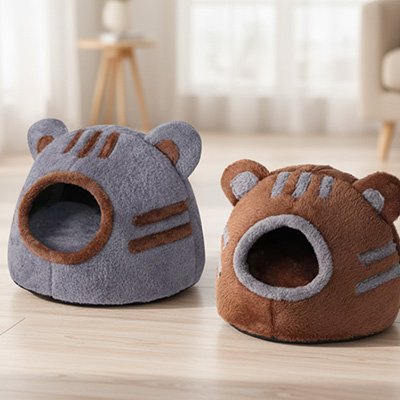 niche à chat tête d'ours marron et gris 