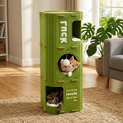 niche à chat verte trois couchages à étage avec chats