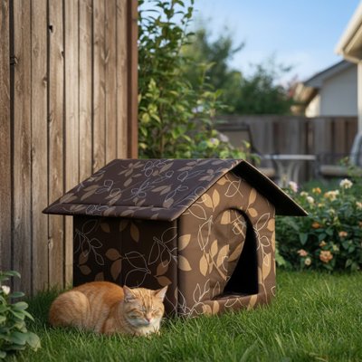 niche extérieur pour chat motif feuilles avec chat côté