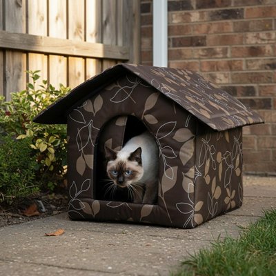 niche extérieur pour chat motif feuilles avec chat dedans 2