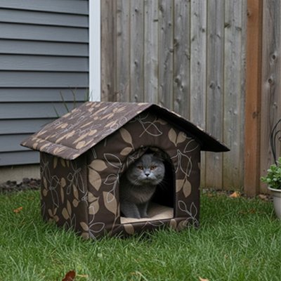 niche extérieur pour chat motif feuilles avec chat dedans