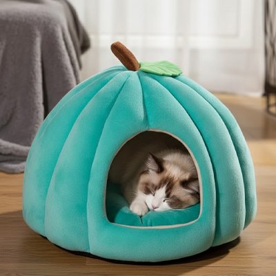 niche pour chat citrouille turquoise avec chat endormi 