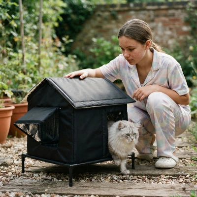 niche pour chat extérieur jardin fille et chat