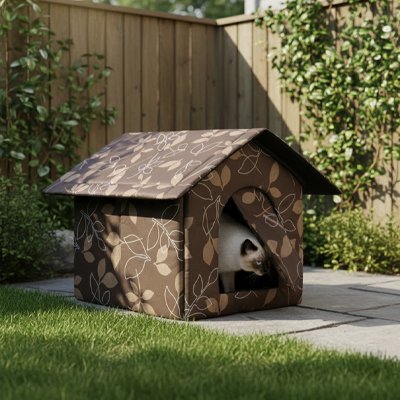 niche pour chat extérieur motif feuilles avec chat dedans 3