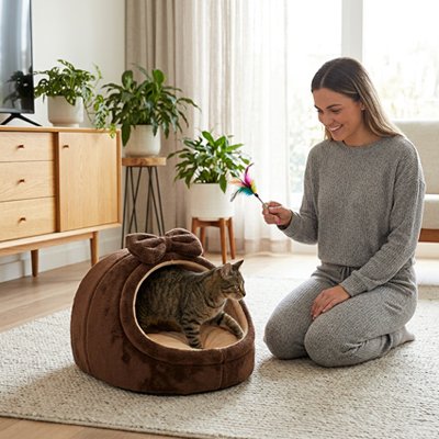 niche pour chat marron chat femme jouant