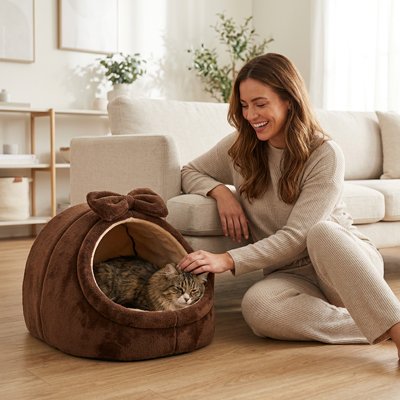 niche pour chat marron chat femme souriante 