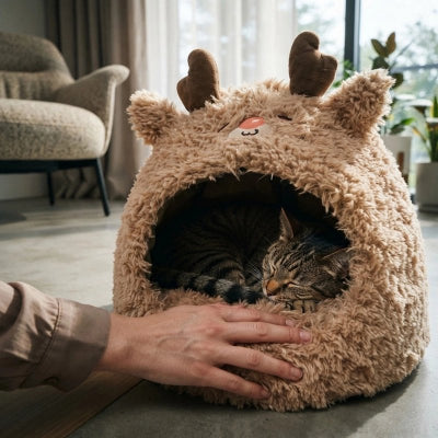 niche pour chat marron renne chat endormi