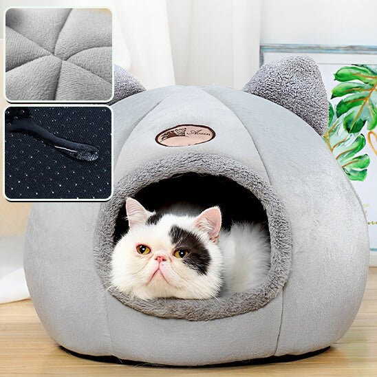 niche pour chat oreilles chat gris avec chat dedans 3