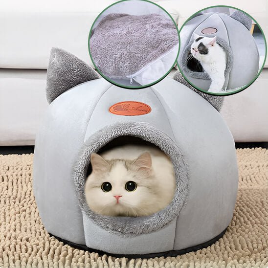 niche pour chat oreilles chat gris avec chat dedans 