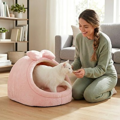 niche pour chat rose chat femme donnant à manger 