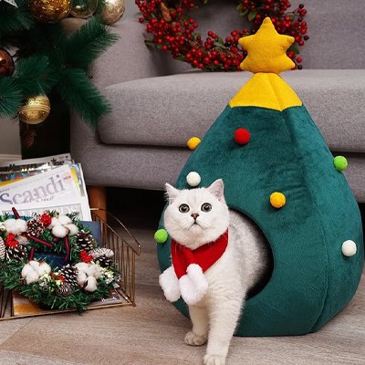 niche pour chat sapin noël avec chat blanc