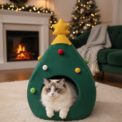 niche pour chat sapin noël avec chat posé