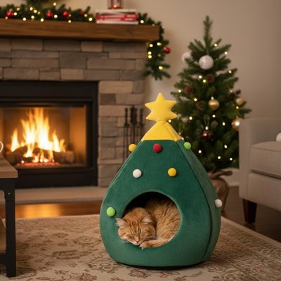 niche pour chat sapin noël avec chat roux dormant