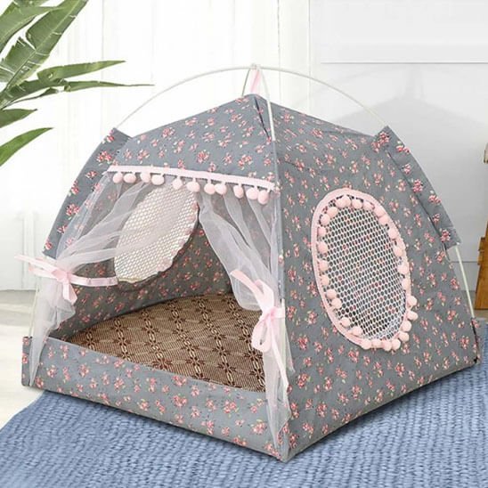 niche pour chat tente fleurie gris foncé