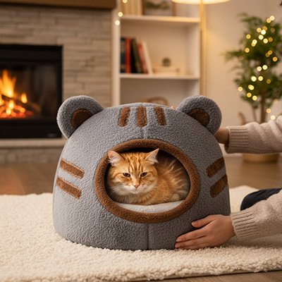 niche pour chat tête d'ours gris 