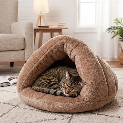 niche pour chat triangle semi-fermée brun avec chat dodo