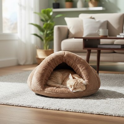 niche pour chat triangle semi-fermée brun avec chat endormi