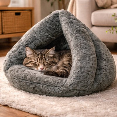 niche pour chat triangle semi-fermée gris avec chat dormant