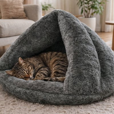 niche pour chat triangle semi-fermée gris avec chat endormi
