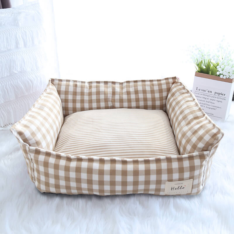 panier chat carreaux vichy beige chaleureux 