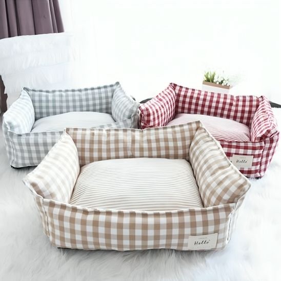 panier chat carreaux vichy vert rouge beige 