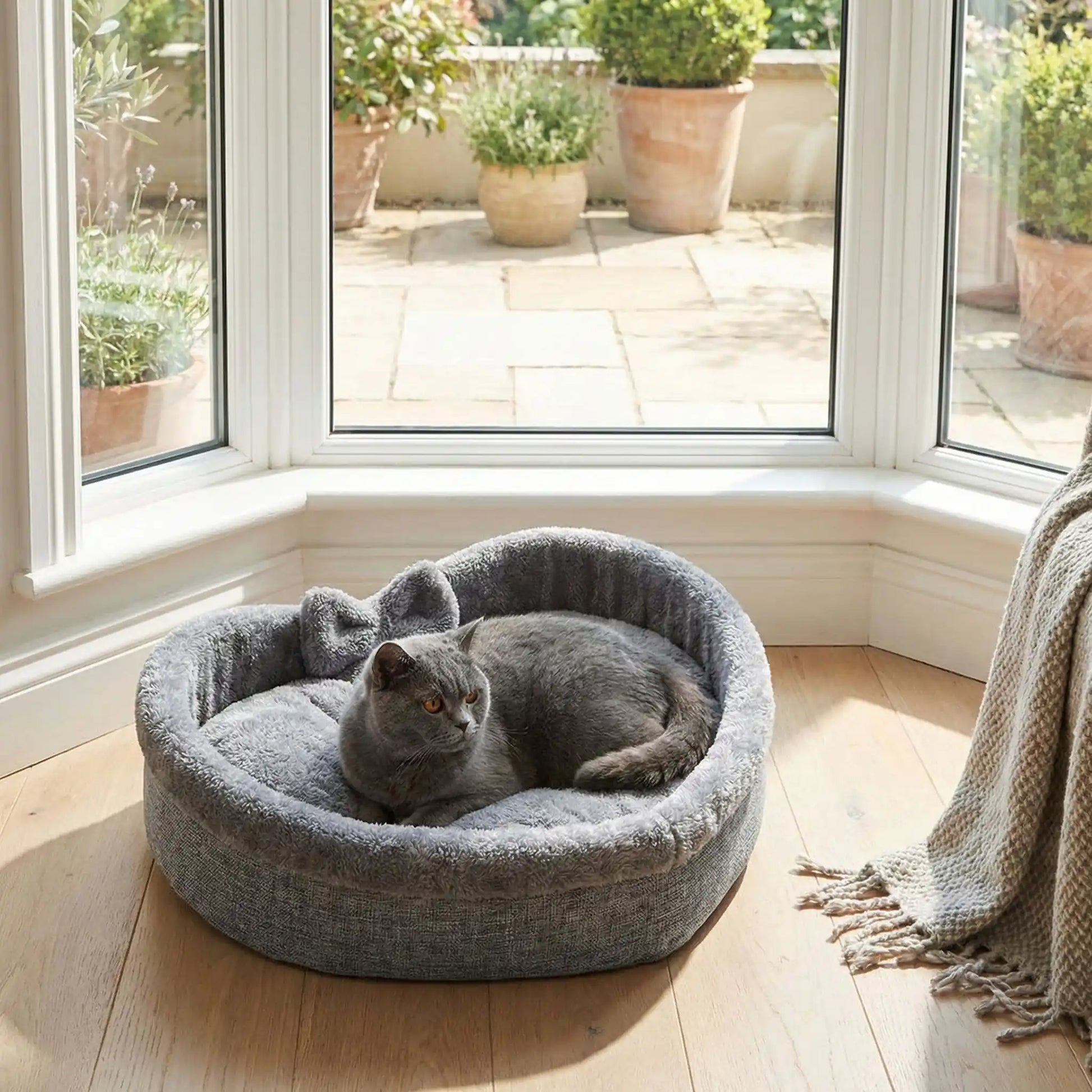panier chat coeur gris avec chat fenêtre
