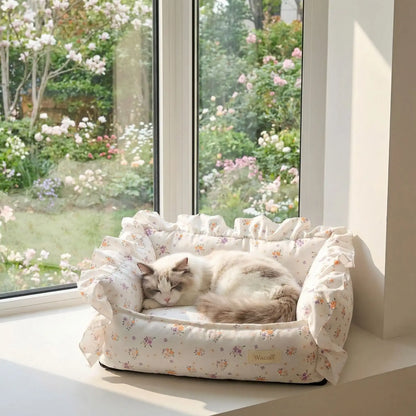 panier chat dentelle avec chat endormi jardin derrière 