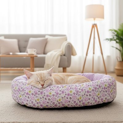 panier chat fleuri violet avec chat endormi