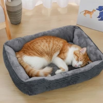 panier chat gris avec chat dormant 