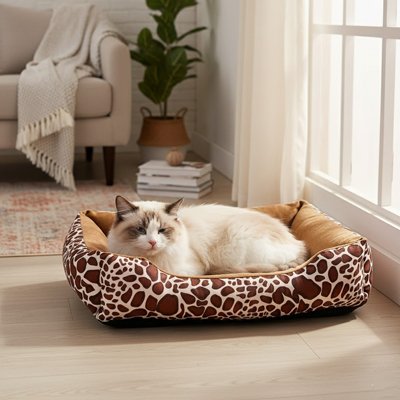 panier chat motif girafe avec chat blanc