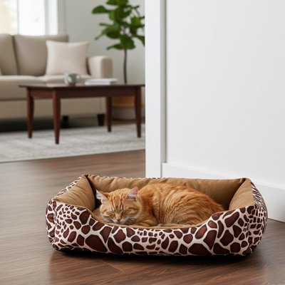 panier chat motif girafe avec chat endormi