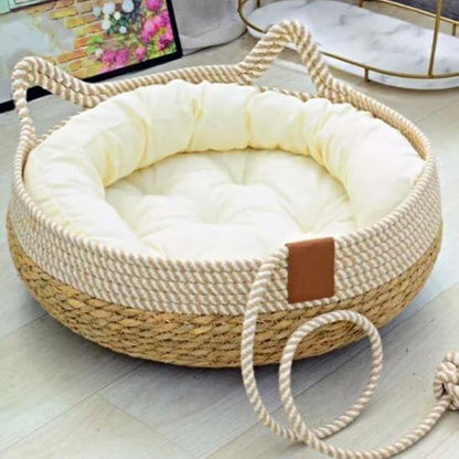 panier chat osier avec coussin et contour blanc 