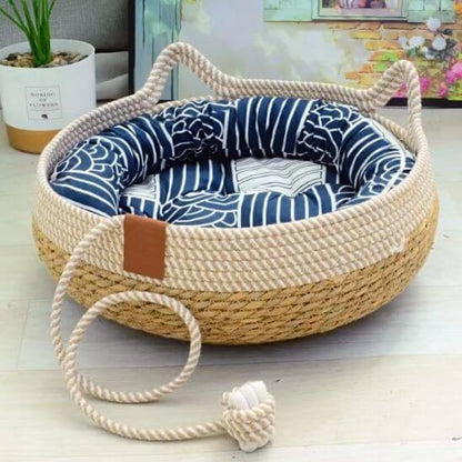 panier chat osier avec coussin et contour bleu 
