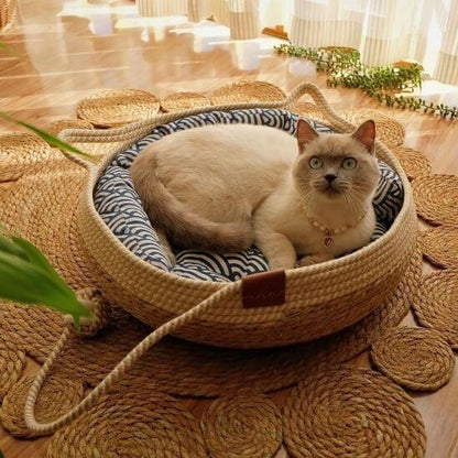 panier chat osier coussin bleu avec chat allongé