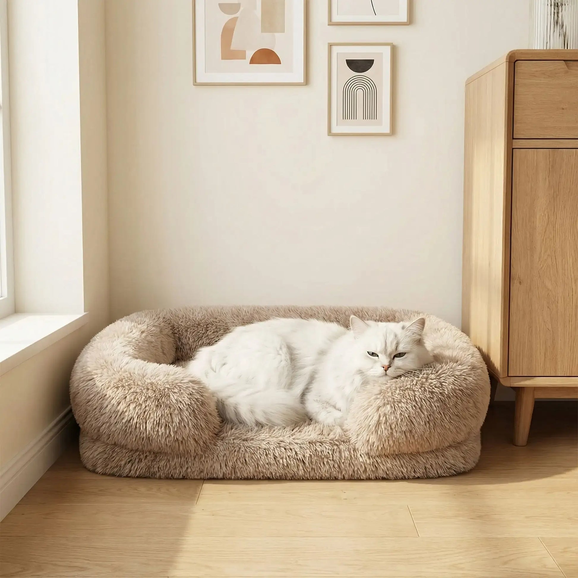 panier chat peluche beige cocon avec chat détendu 