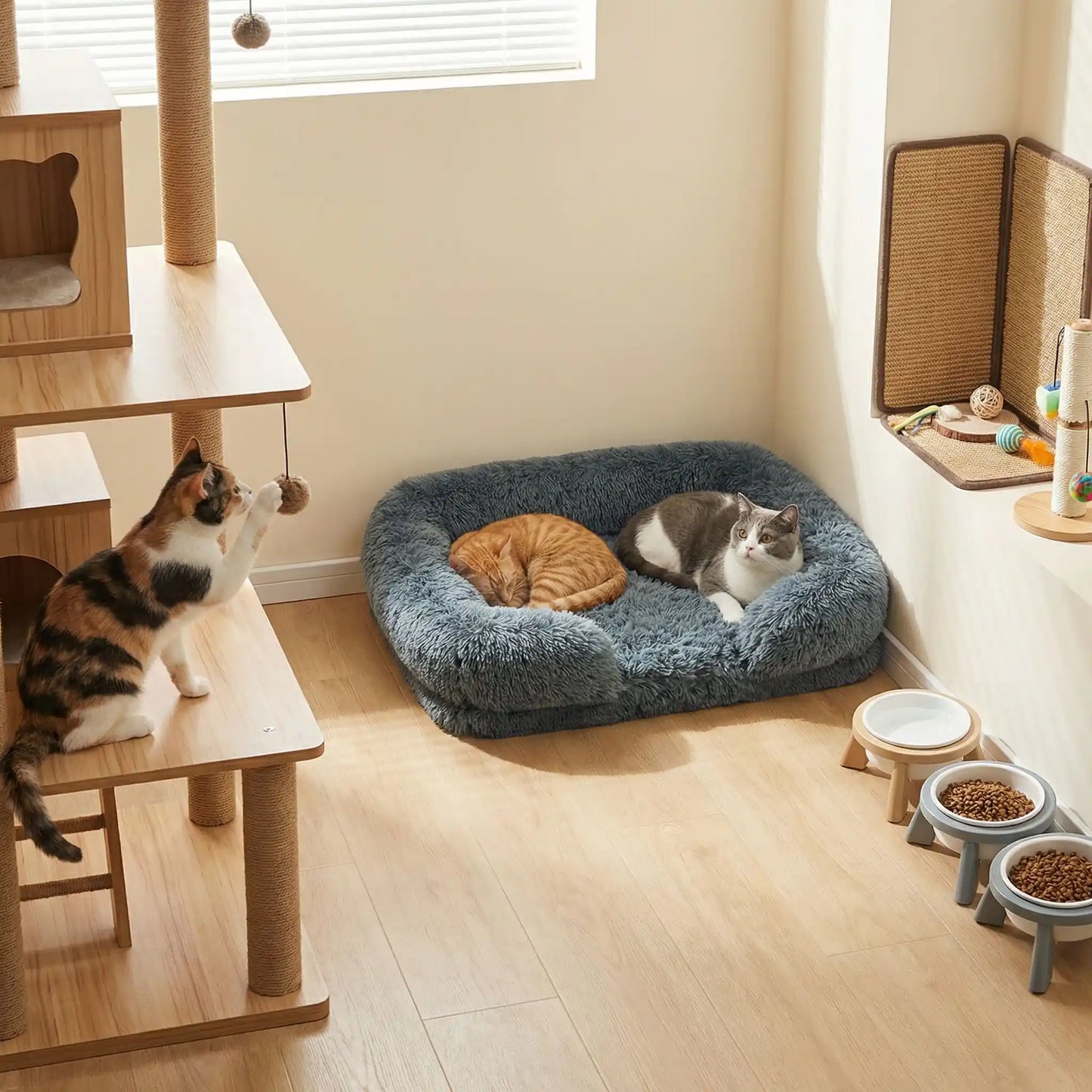panier chat peluche gris bleu foncé avec chats salle jeu 