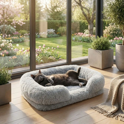 panier chat peluche gris clair doux avec chat sur dos 