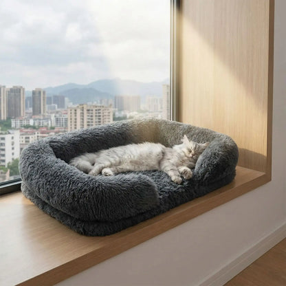 panier chat peluche gris foncé brumeux avec chat endormi ville