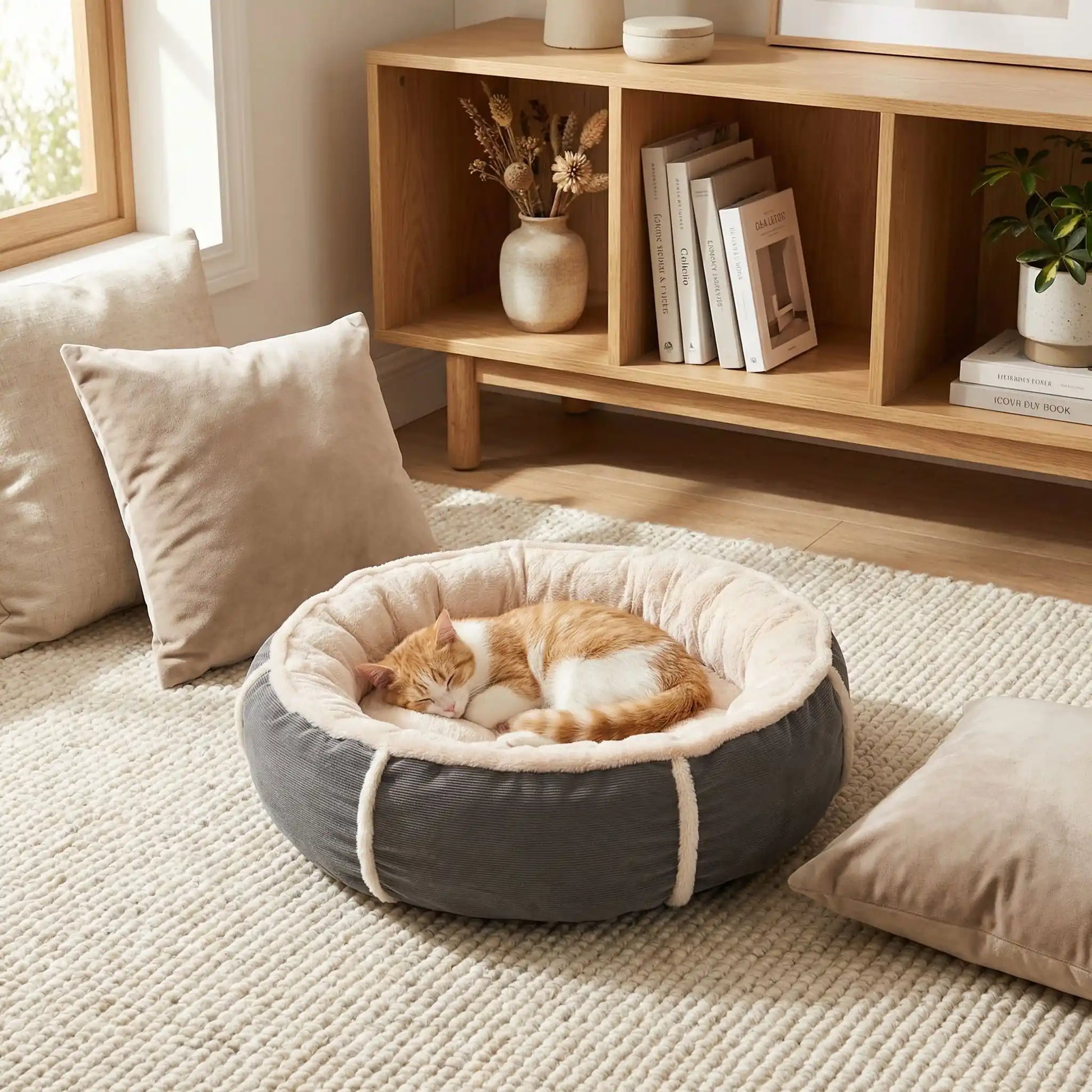 panier chat rond blanc gris avec chat endormi salon 