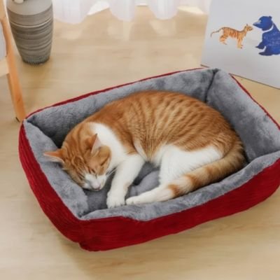panier chat rouge gris avec chat endormi