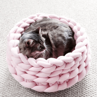 panier chat tressé rose pâle avec chat 