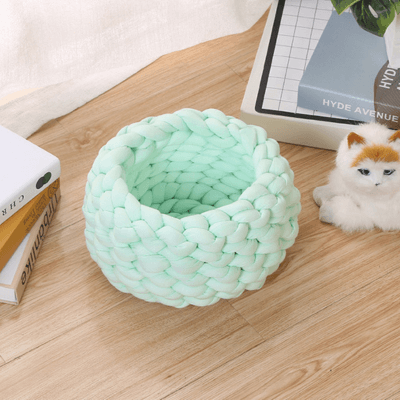 panier chat tressé vert bleu pastel 