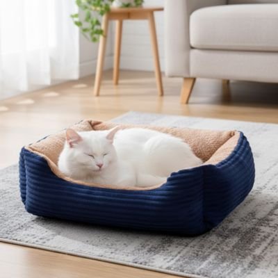 panier pour chat bleu beige chat allongé