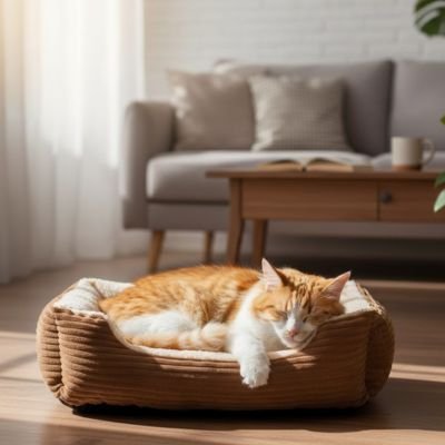 panier pour chat marron blanc chat endormi 