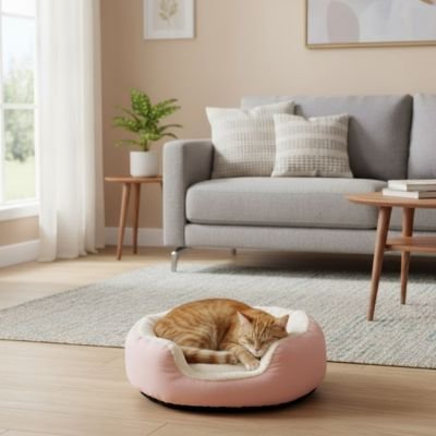 panier pour chat rond blanc rose chat endormi 2