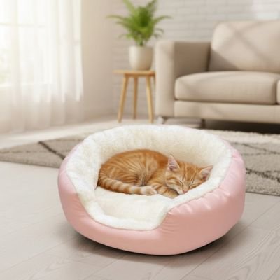 panier pour chat rond blanc rose chat endormi